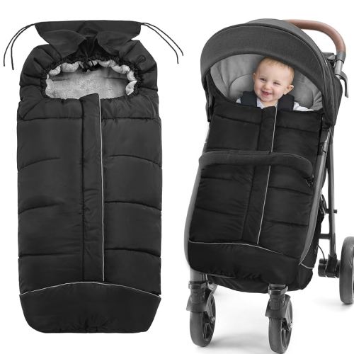 Universal Baby Footmuff for Strollers,Stroller Cover for Winter with Hooded Design,Waterproof and Windproof Winter Sleeping Bag with Coral Fleece Lining, Baby Bunting Bags for Most Strollers (BLACK)