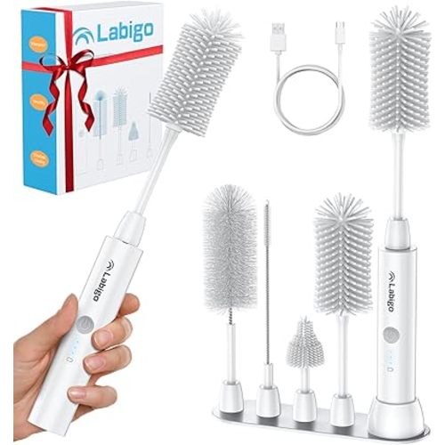 LABIGO Electric Bottle Brush Cleaner Set, Baby Bottle Brush with IPX7 Waterproof and 2 Adjustable Speeds, 4 Replaceable Brush Heads for Baby Bottle, Coffee Cup, Mug, Sports Bottle, Glass Cup