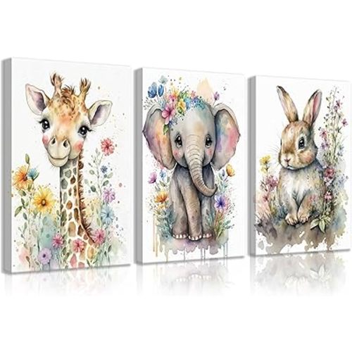 3Pcs Baby Watercolor Safari Animals Nursery Canvas Wall Art Cute Jungle Animals with Wildflower Picture Posters Wall Decor Giraffe Elephant Rabbit Painting Print Artwork for Kids Children Room 12x16in