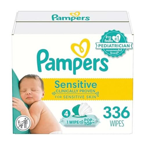 Pampers Sensitive Baby Wipes, Water Based, Hypoallergenic and Unscented, 4 Flip-Top Packs (336 Wipes Total) [Packaging May Vary] - 84 Count (Pack of 4)
