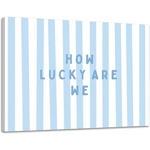 WOTYPU How Lucky Are We Wall Art Decor, Boys Room Decor, Preppy Blue White Striped Inspirational Canvas Prints Poster Wall Decorations for Boys Bedroom Room Playroom Nursery, 14x11 Inch