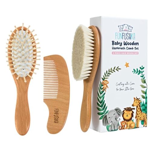 Baby Hair Brush Set for Newborns & Toddlers - Baby Brush and Comb Set - Ultra Soft Goat Hair Bristles, Perfect for Cradle Cap, Newborn Showers & Registries Gift, Comb Brush for Girls & Boys (Walnut)