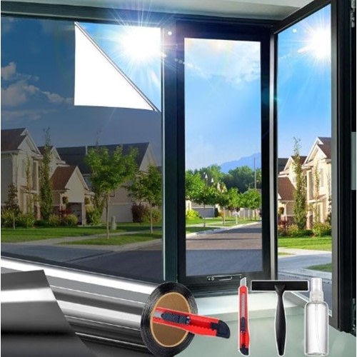 One Way Window Privacy Film Sun Heat Blocking, Reflective Mirror for Glass Windows Cover, Static Cling, Removable, Anti-UV, Anti-Glare Window Tint for Home.
Black-Silver, 29.5 Inch * 78.74 Inch