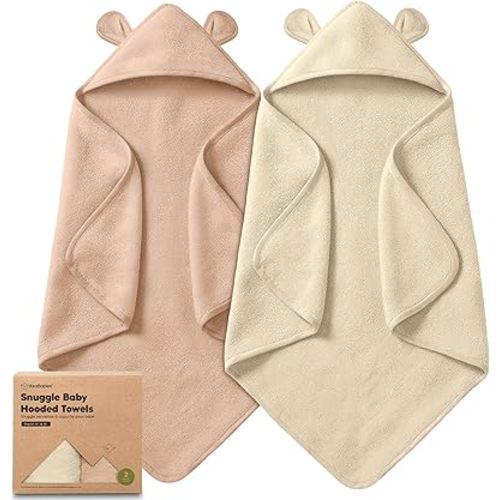 KeaBabies 2-Pack Hooded Baby Towels for Newborn - 35x35 Soft & Absorbent Viscose From Bamboo Baby Bath Towels with Hood for Infant, Toddler, Kids, Boys Girls, Newborn Bath Essentials (Almond, Regular)