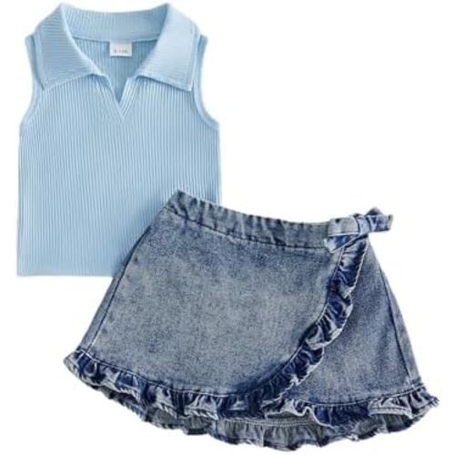 Toddler Baby Girl Summer Outfits Sleeveless Lapel Collar Ribbed Tank Tops Ruffle Jean Skirt Set Cute Clothes