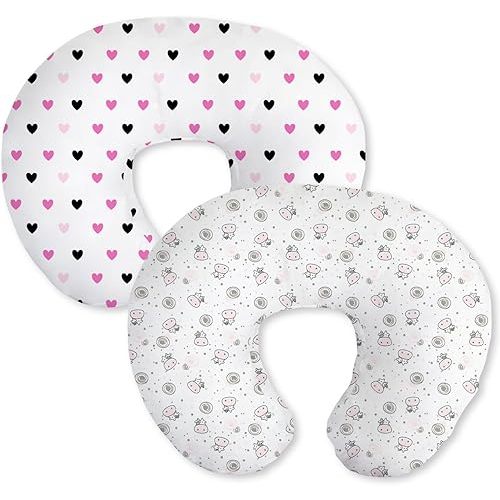 Little Grape Land Nursing Pillow Cover for Baby Girl, 2 Pack Soft Removable Breast Feeding Pillow Cover, 100% Cotton Nursing Pillow Cases Fit Standard Nursing Pillow(Sweet Hearts & Cute Cow)