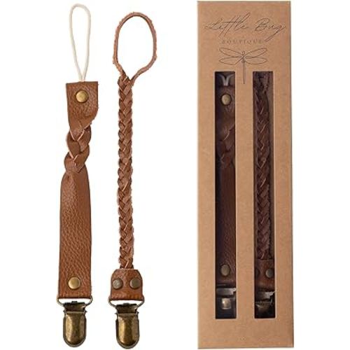 Little Bug Boutique 2-Pack Leather Baby Pacifier Clips - Neutral Pacifier Holders for Baby Girls & Boys, Paci & Binky Clips or Strap for Toys & Teethers (Camel Brown), Pacifier NOT Included
