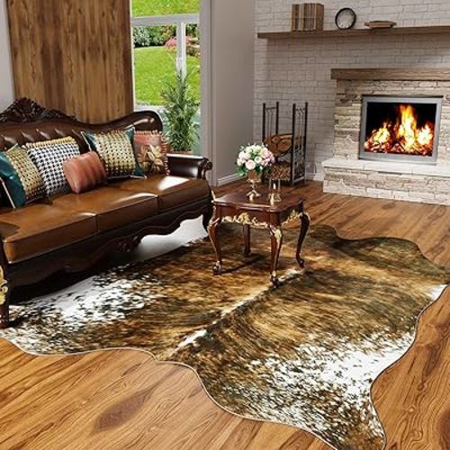 AROGAN Premium Faux Cowhide Rug, Durable and Large Size Cow Print Rugs, Suitable for Bedroom Living Room Western Decor, Faux Fur Animal Cow Hide Carpet, (Saddle Brown, 158x140cm / 5.2x4.6 Feet)