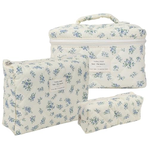 YINGJEE Large Quilted Makeup Bag for Women and Girls, Cute Coquette Floral Cotton Cosmetic Bag, Aesthetic Travel Organized Toiletry Bags (05-blue green flower)