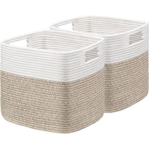UBBCARE Set of 2 Kallax Storage Cubes-13 ×15 ×13 Inch, Cotton Rope Basket for Shelves, Toys, Book, Cube Storage Bin with Handles, Woven Storage Basket for Organizing, White/Brown