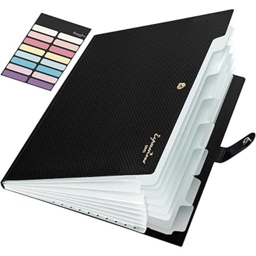 Sooez Accordion File Organizer, 8 Pocket Expanding File Folder with Labels, Letter Size Folders for Documents, Portable Paper Bill Receipt Organizer for Home School Office Supplies, Black
