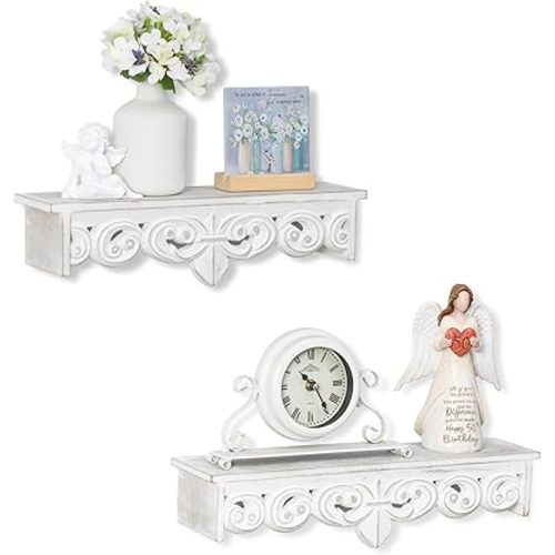 White Wall Shelves French Country Decor - Decorative Floating Shelf Antique Wood Wall Decor Farmhouse Rustic Hanging Shelves for Living Room Bedroom