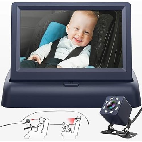 Baby Car Mirror, 4.3'' HD Night Vision Function Car Mirror Display, Safety Car Seat Mirror Camera Monitored Mirror with Wide Crystal Clear View, Aimed at Baby, Easily Observe the Baby’s Move (Not USB)