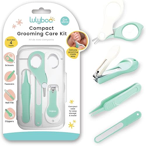 Lulyboo 4-in-1 Newborn Baby Grooming Kit - Compact Travel Case, Stainless Steel Nail Clipper, Rounded-Tip Scissors, Nail File & Baby Tweezers, BPA-Free, Wipe-Clean Exterior, Durable & Portable