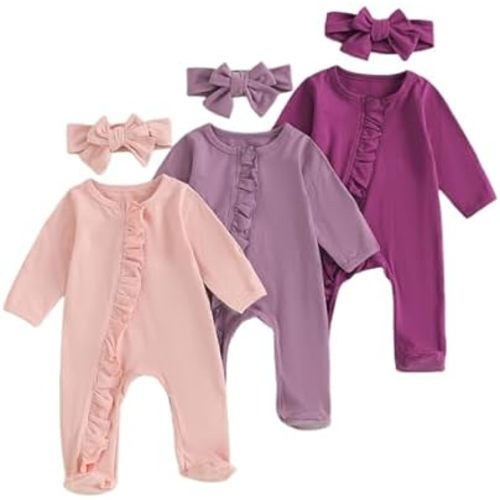 Baby Girl Zipper Pajama Footies 3 Pack Ruffle Sleeper Coming Home Infant Cotton Clothes(Pink/Lavender/Violet, 0-3 Months)