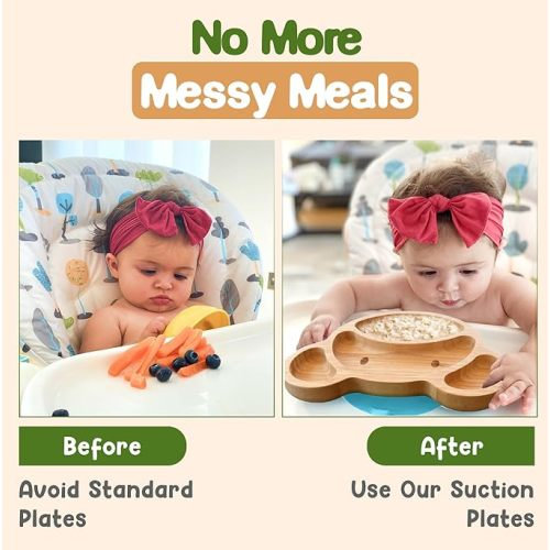 Bamboo Plates For Kids - Baby and Toddler Bamboo Suction Plate for Babies Feeding and Weaning, Promotes Self-Feeding with Eco-Friendly Sturdy Bear Design, Suction Plates for Busy Moms & Dads, Blue