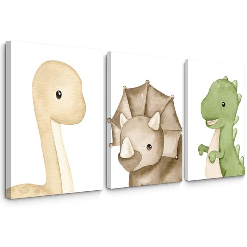 Dinosaur Wall Art Kids Boys Room Canvas Wall Decor Dino Nursery Wall Art Pictures Baby Dinosaur Poster Prints for Boys Bedroom Bathroom 12x16 Inch Framed Set of 3