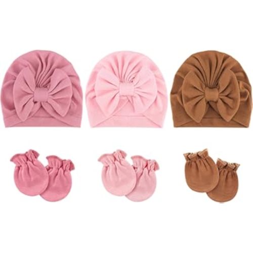 BQUBO Newborn Baby Hospital Hats Beanie Bow Infant Caps Baby Cotton No Scratch Mittens Set for 0-12 Months