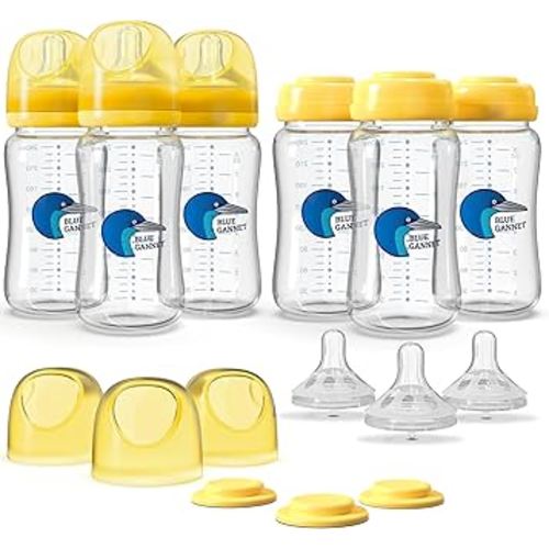 Multipurpose Anti-Colic Glass Baby Bottles with Slow Flow and Natural Flow Nipples, Breast Milk Collection and Storage Bottles, Wide-Neck Breast Pumps Compatible, 6-Pack (8oz)