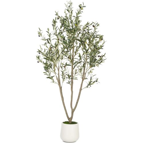 Olive Trees Artificial Indoor, 6FT Tall Faux Olive Tree with White Tall Planter, Artificial Plants with Natural Wood Trunk and Lifelike Fruits for Home Office Decor