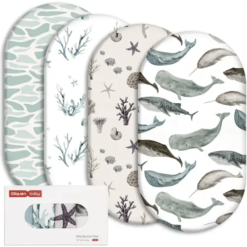 Gllquen Baby Bassinet Sheets 4 Pack, Breathable Cozy Fitted Mattress Sheet, Elastic Travel Crib Fashionable Pattern, Standard Cradle Safe Sheets for Baby Boys Girls 32"x16" (Marine)