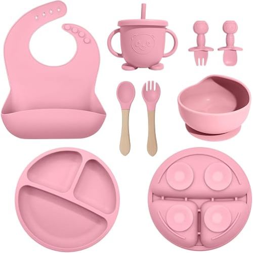Silicone Baby Feeding Set 8 Pcs, Baby Led Weaning Supplies with Suction Plates & Bowls, Adjustable Bib, Baby Utensils Spoons and Forks, Sippy Cup, BPA-Free First Stage Eating Essentials (Pink)