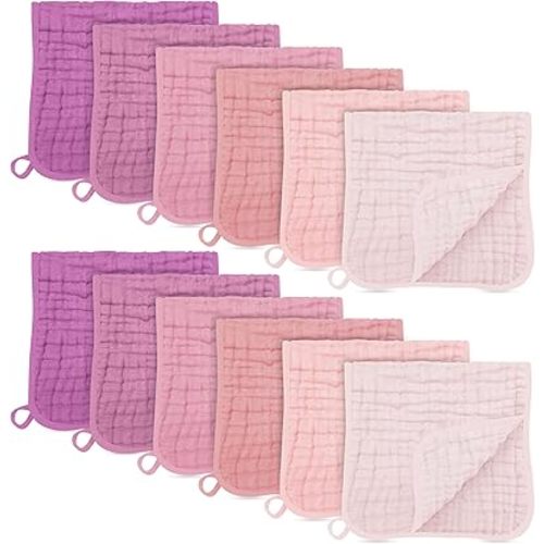 SWEET DOLPHIN 12 Pack Muslin Burp Cloths Large 100% Cotton Burping Clothes for Baby Drool - Absorbent and Soft Boys & Girls Milk Spit Up Rags for Newborn Essentials Registry - Hibiscus Sunset
