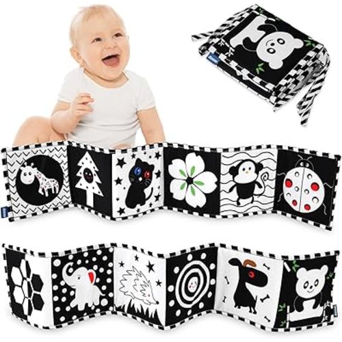 Vicloon Black and White Baby Toys, High Contrast Baby Book for Newborn 0-3 3-6 Months, Infant Tummy Time Toys, Early Education Sensory Toys, Visual Stimulation Folding Cloth Book for Boys Girls