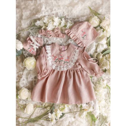 Pink Embroidered Linen Dress, Floral Embroidery Baby Girl Dress, Flower girl Birthday Dress, Puff Sleeves Frills Dress, 1st birthday outfit