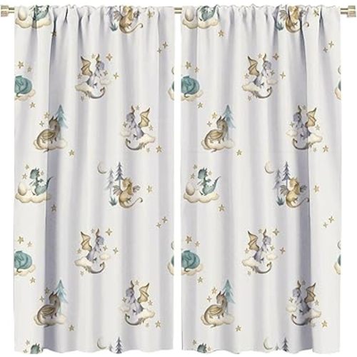 Fantasy Cute Baby Dragon Blackout Curtains for Living Room,Watercolor Mid Century Woodland Cartoon Dragon Rod Pocket Thermal Insulated Room Darkening Curtains 2 Panels 45L x 21W