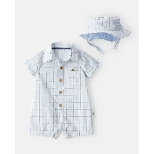 Baby Boy 2-Piece Plaid Romper & Hat Set - Blue | Carter's