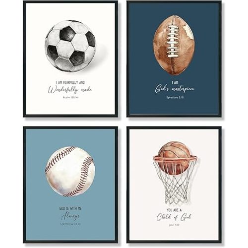 ShowDraven Sports Boy Nursery Kids Wall Decor, Christian Nursery Decor, Christian Room Decor for Boys Room,Vintage Sports Wall Art for Classroom Gym Playroom, Unframe 8x10 Inch Unframed