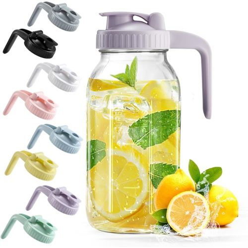 Mason Jar with Pour Spout Lid V-shaped, 2 Quart Iced Tea Pitcher Double Leak Proof, 64 oz Formula Pitcher for Breastmilk, Sun Tea, Juice, Coffee Creamer, Drink Pitcher - 64oz - Purple