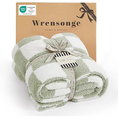 WRENSONGE Soft Checkered Throw Blanket for Couch-Cozy Warm Knitted Blankets