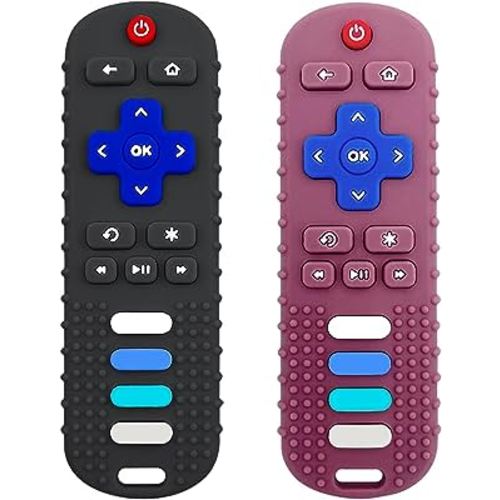 Baby Teething Toys, Food Grade Silicone Teether for Babies 3 6 12 18 Months, TV Remote Shape Toddlers Chew Toys, Freezer BPA Free (Black+Red)