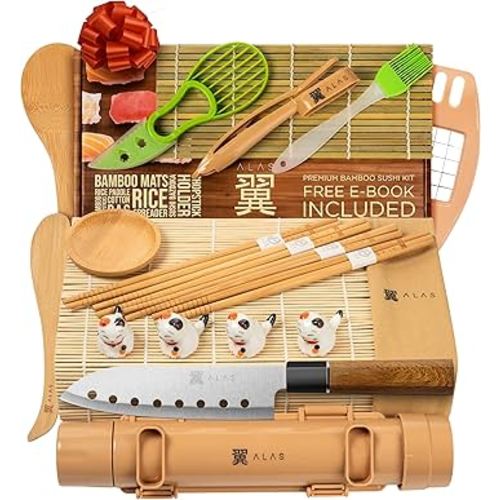 Alas Complete 20 Piece Sushi Making Set - Kit for Beginners & Pros with Knife, 2 Mats, Rice Bazooka and Dipping Plate