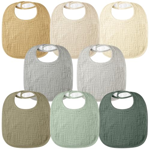 Bearmoss Baby Bibs for Drooling and Teething 100% Cotton Muslin Bibs | 8 Pack，Adjustable, Ultra Absorbent,Easy to Clean for Baby Boy & Girl，Infant,Toddler, Newborn，0-36 Months