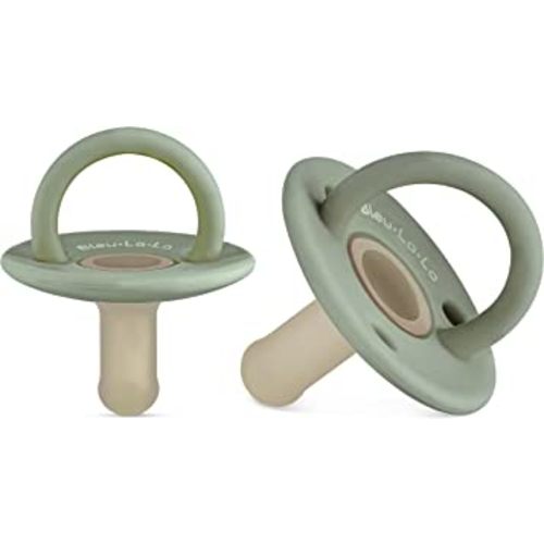 Lulubabe Pacifier Soothie with Standard Hospital Nipple - Set of Soft Silicone Two Tone Paci for Infants Baby's and Toddlers (Stage 1, Sage + Kahki)