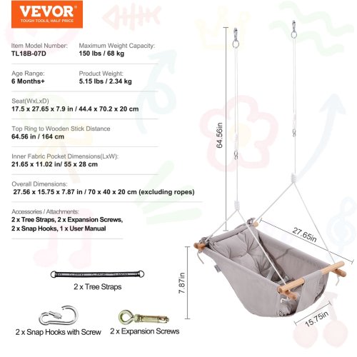 Canvas Hammock Swing, 3 Modes Baby Swing Indoor and Outdoor with 5-Point Harness, and Tree Straps - 150lbs Weight Capacity