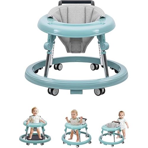 Baby Walker with Wheels, Activity Center with Mute Wheels Anti-Rollover, 5-Position Height Adjustable Foldable Baby Walker for Boys and Girls from 6-18 Months with Footrest