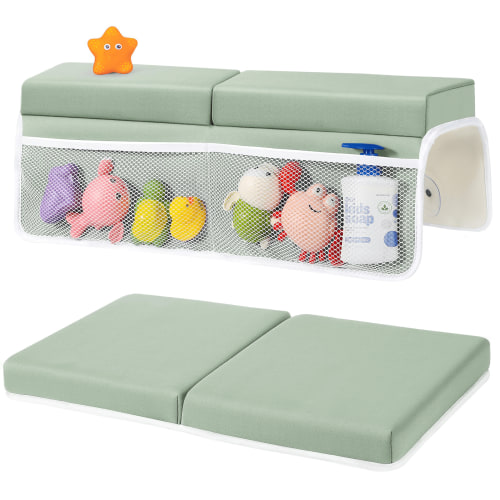 Soluxeo Baby Bath Kneeler and Elbow Rest Pad Set, Bath Kneeler Pads with Toys Organizer, Anti-Slip Cozy Knee & Arm Support Bathtub Mat, Green
