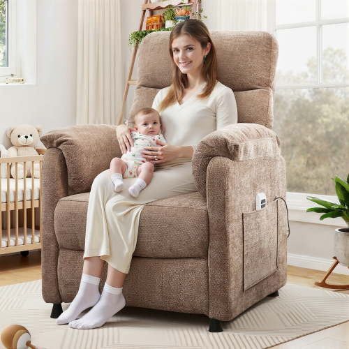 Electric Power Recliner Chair, Modern Chenille Fabric Recliner with Side Pocket & Remote, Nursery Recliner Chair for Living Room Small Space, Brown