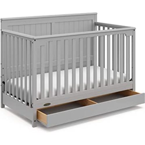 Graco Hadley 5-in-1 Convertible Crib with Drawer (Pebble Gray) – GREENGUARD Gold Certified, Crib with Drawer Combo, Full-Size Nursery Storage Drawer, Converts to Toddler Bed, Daybed