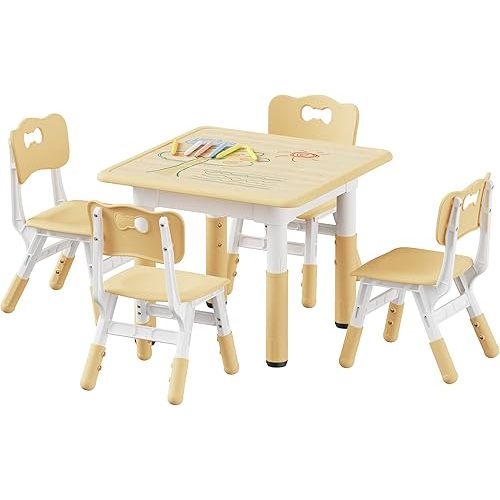 Brelley Kids Table and 4 Chairs Set, Height Adjustable Toddler Table and Chair Set, Graffiti Desktop, Classroom/Daycare/Home, Children Multi-Activity Table for Ages 2-8