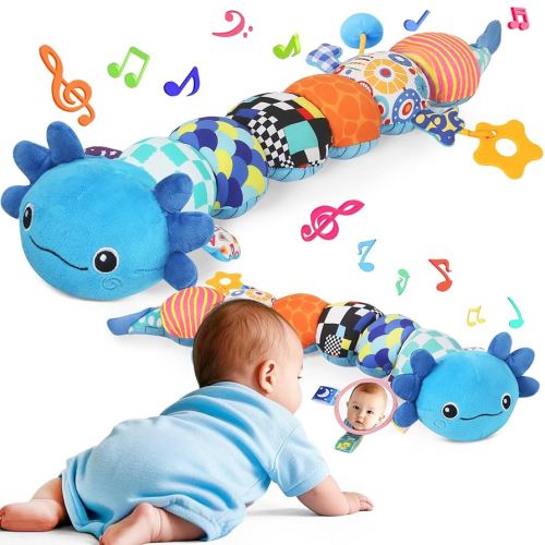 Baby Toys for 0-6 6-12 Months, Plush Axolotl Toy with Crinkle and Rattles for Infant Newborn, Sensory Music Animal Stuffed Toy for 0 1 2 3 4 5 6+ Month, Tummy Time Toys Gifts for 0-3-6-12 Months,Blue