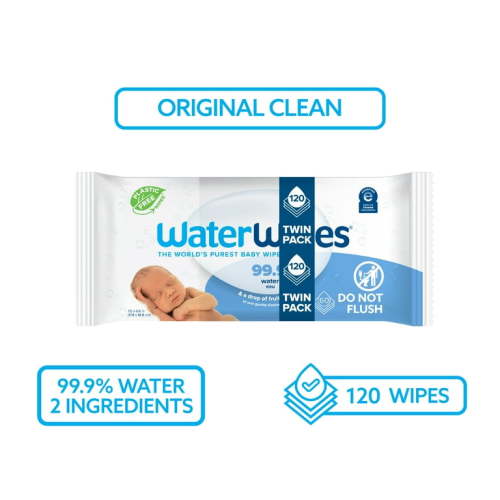 WaterWipes Original 99.9% Water Based Baby Wipes, Plastic-Free, Fragrance-Free, Unscented & Hypoallergenic for Sensitive Skin, 2 Resealable Packs (120 Total Wipes)