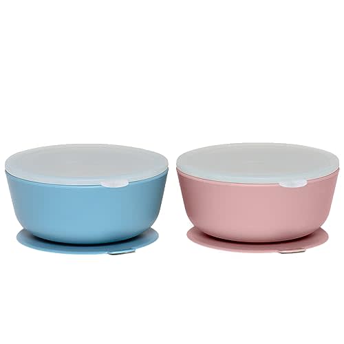 WeeSprout Suction Bowls for Baby & Toddlers (Set of 2) - 100% Silicone w/Plastic Lid - Leak Proof Feeding Supplies - Dishwasher & Microwave Safe Infant Dinnerware w/Extra Strong Base