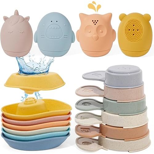 Baby Bath Toys for Toddlers, 16 PCS Mold Free Toddler Bath Toys Bathtub Water Toys with Plastic Bath Boats & Stackable Spoons and Silicone Bath Toy for Babies 6-12 Months