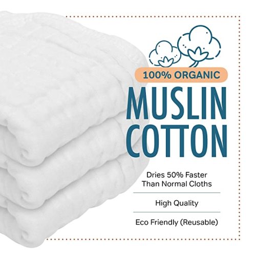AllSett Health 10 Pack Muslin Burp Cloths Large 20" by 10" 100% Cotton, Hand Wash Cloth 6 Layers Extra Absorbent and Soft White