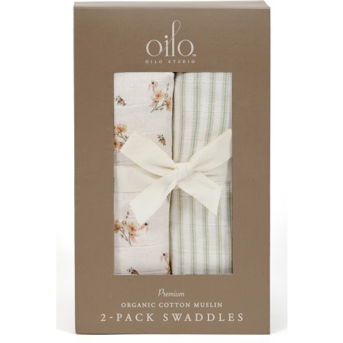 Oilo 2-Pack Cotton Muslin Swaddle Blankets, Eggshell/ Sea